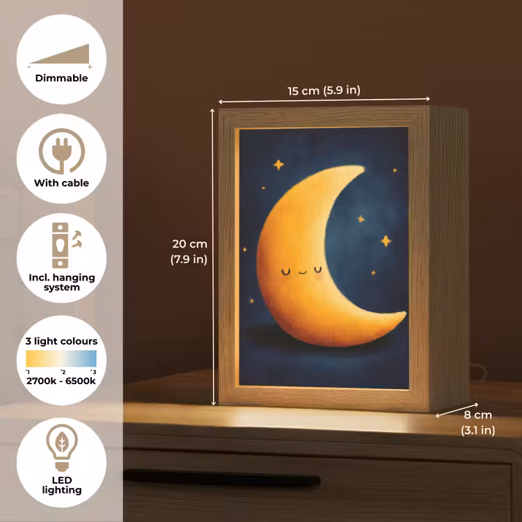Maan - Geel - Sterren - Gezichtje Light Box met kabel (Kinderlampje) klein -USP_EN