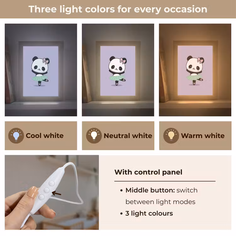 Panda - Paars - Sierlijk - Kawaii Light Box met kabel (Kinderlampje) klein -USP_lichtkleurEN