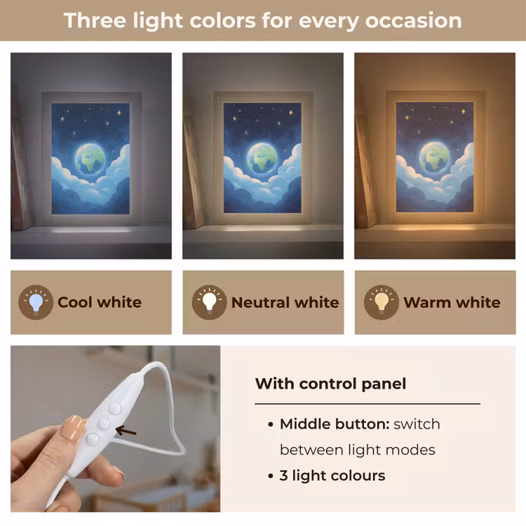 Planeet - Wolken - Sterren - Blauw Light Box met kabel (Kinderlampje) klein -USP_lichtkleurEN
