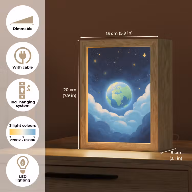 Planeet - Wolken - Sterren - Blauw Light Box met kabel (Kinderlampje) klein -USP_EN