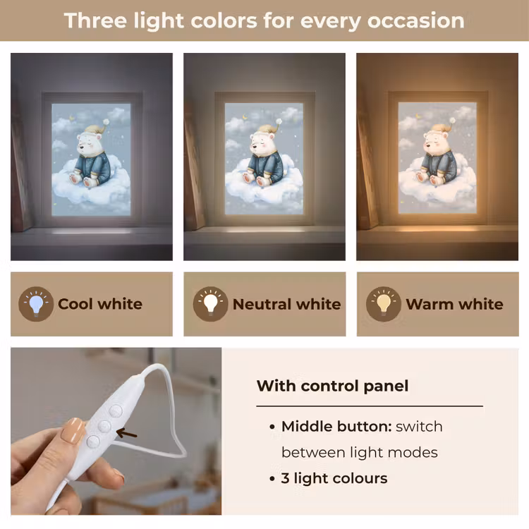 Ijsbeer - Pyjama - Wolken - Sterrenhemel Light Box met kabel (Kinderlampje) klein -USP_lichtkleurEN