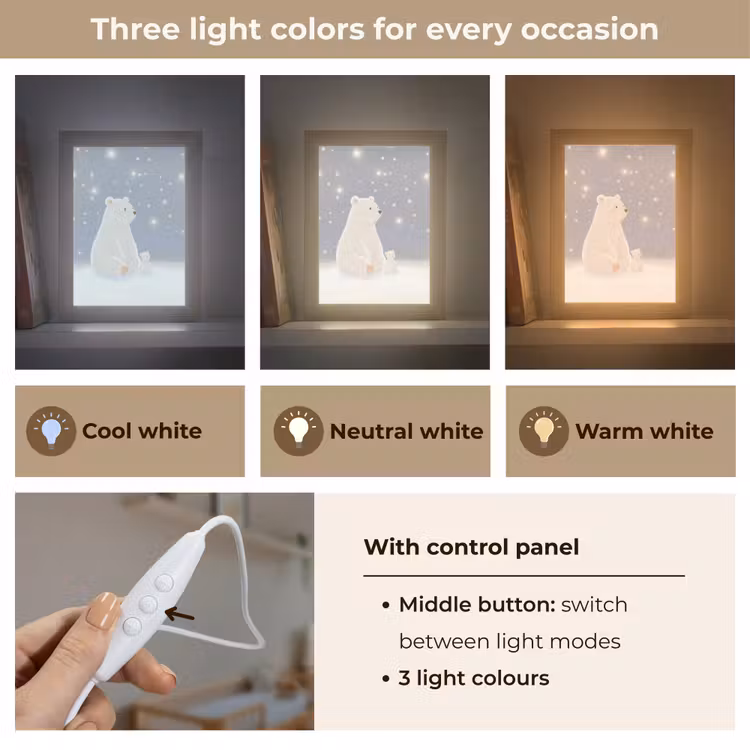Ijsbeer - Sneeuw - Sterren - Blauw Light Box met kabel (Kinderlampje) klein -USP_lichtkleurEN