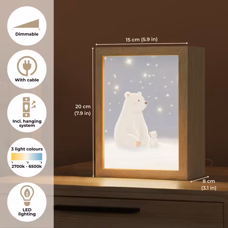 Ijsbeer - Sneeuw - Sterren - Blauw Light Box met kabel (Kinderlampje) klein -USP_EN