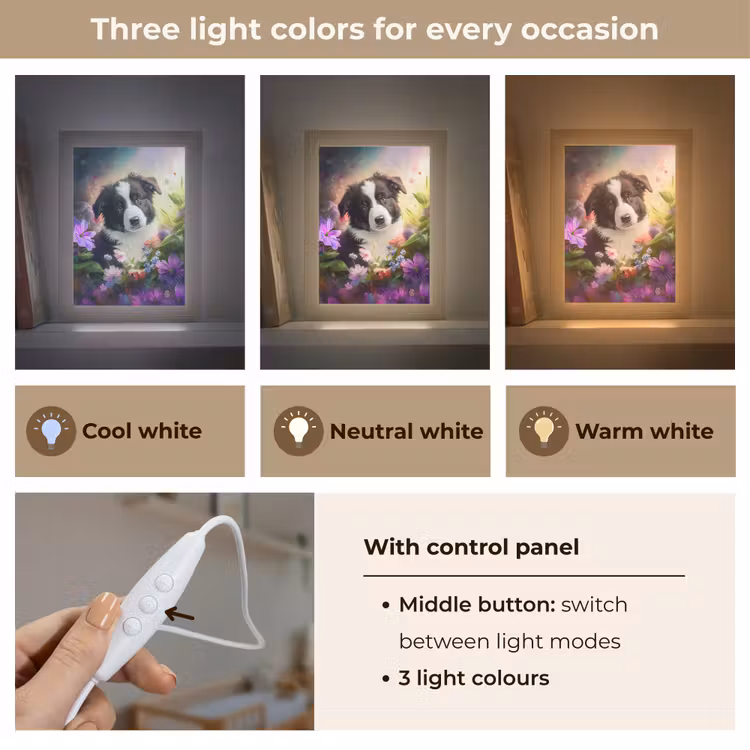 Puppy - Zon - Bloemen - Natuur - Bordercollie - Hond Light Box met kabel (Kinderlampje) klein -USP_lichtkleurEN
