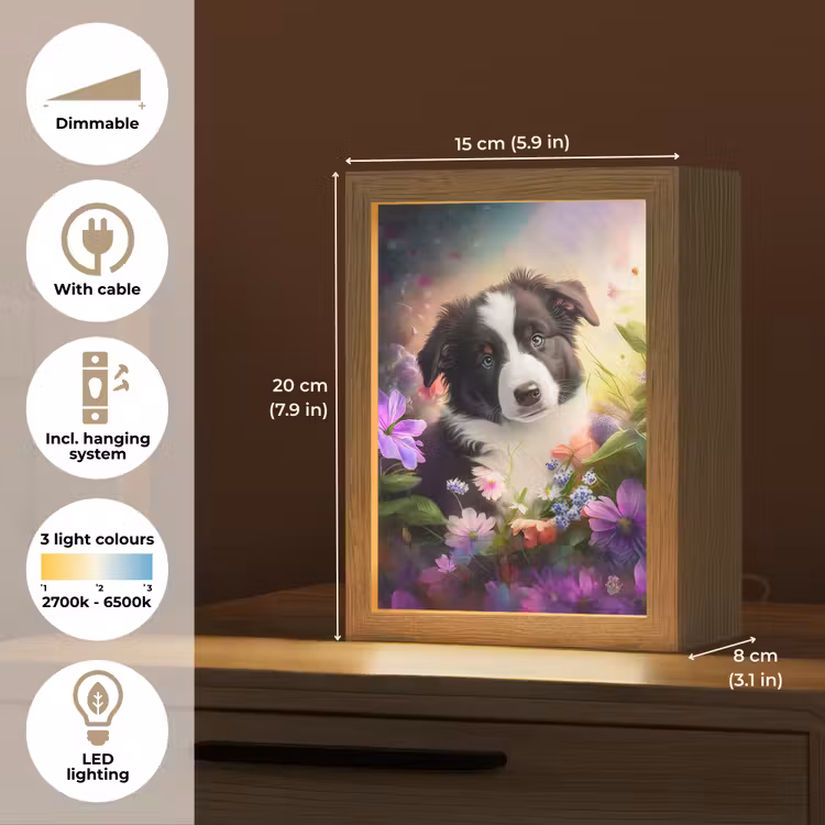 Puppy - Zon - Bloemen - Natuur - Bordercollie - Hond Light Box met kabel (Kinderlampje) klein -USP_EN