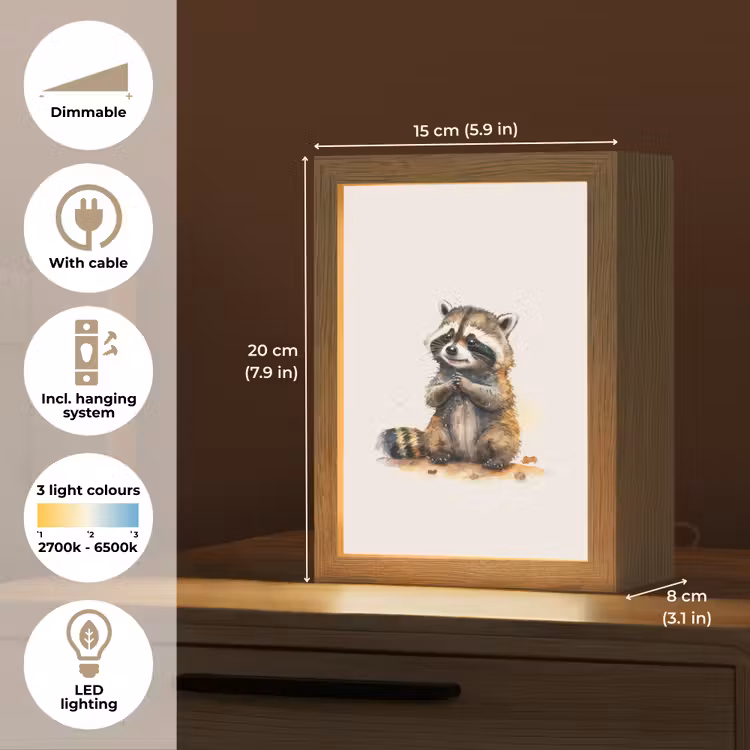 Wasbeer - Waterverf - Kleuren - Dieren - Kids Light Box met kabel (Kinderlampje) klein -USP_EN