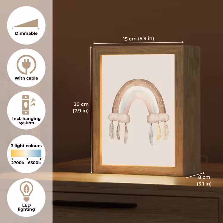 Regenboog - Bohemian - Boho - Pastel kleuren Light Box met kabel (Kinderlampje) klein -USP_EN