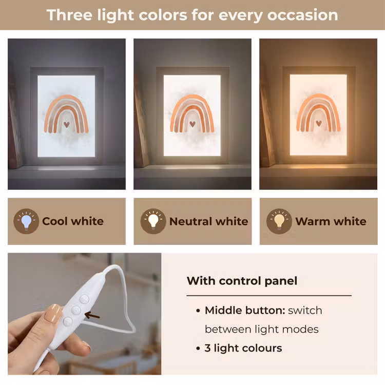 Regenboog - Roze - Pastel kleuren - Hartje Light Box met kabel (Kinderlampje) klein -USP_lichtkleurEN