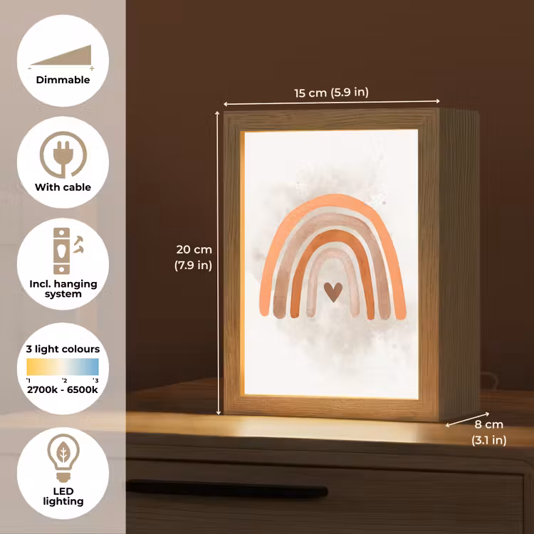 Regenboog - Roze - Pastel kleuren - Hartje Light Box met kabel (Kinderlampje) klein -USP_EN