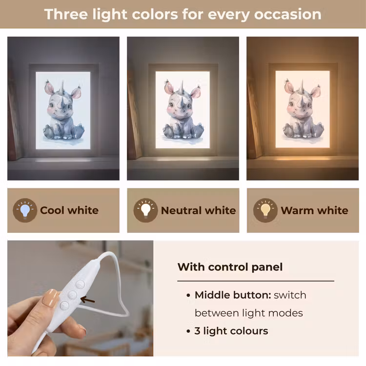 Neushoorn - Baby dier - Dieren Light Box met kabel (Kinderlampje) klein -USP_lichtkleurEN