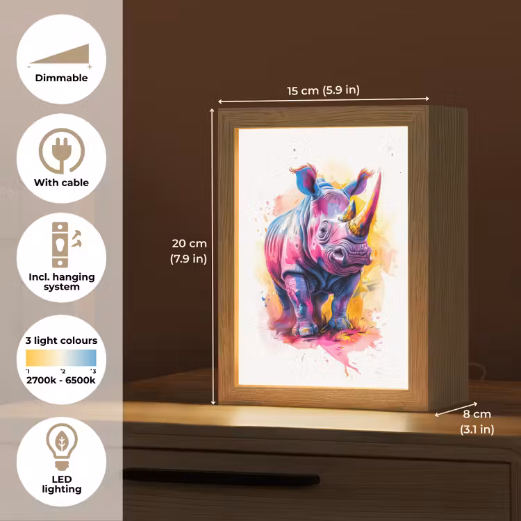 Neushoorn - Kleurrijk - Verf - Dieren Light Box met kabel (Kinderlampje) klein -USP_EN