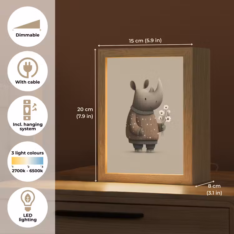 Neushoorn - Witte bloemen - Lief Light Box met kabel (Kinderlampje) klein -USP_EN