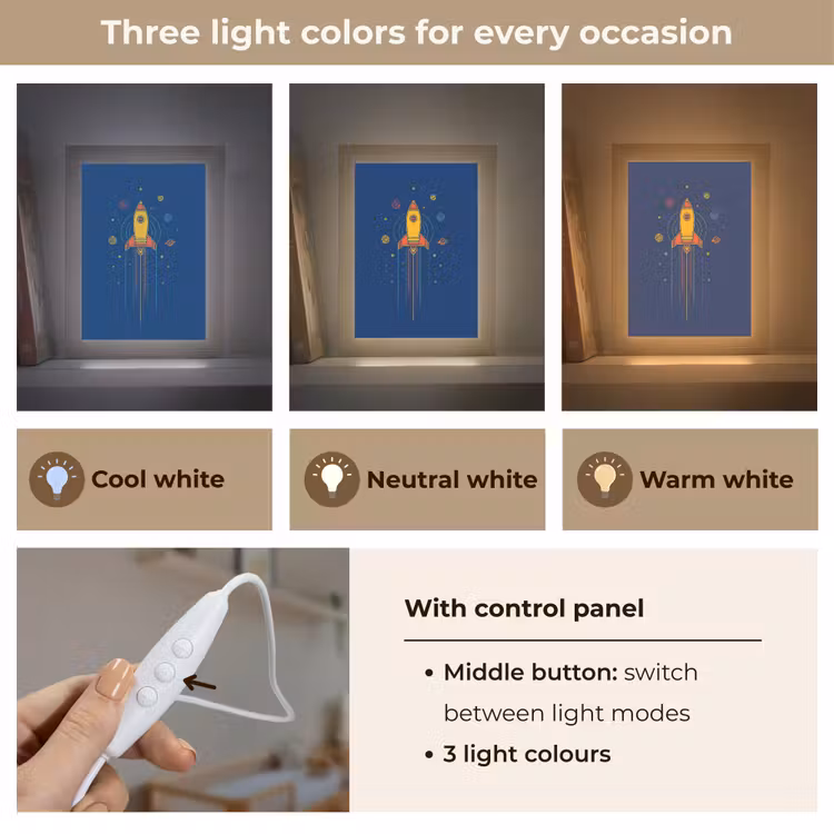 Raket - Blauw - Sterren Light Box met kabel (Kinderlampje) klein -USP_lichtkleurEN