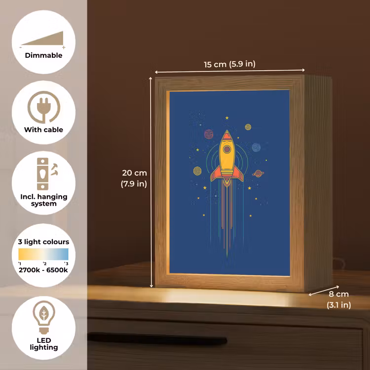 Raket - Blauw - Sterren Light Box met kabel (Kinderlampje) klein -USP_EN