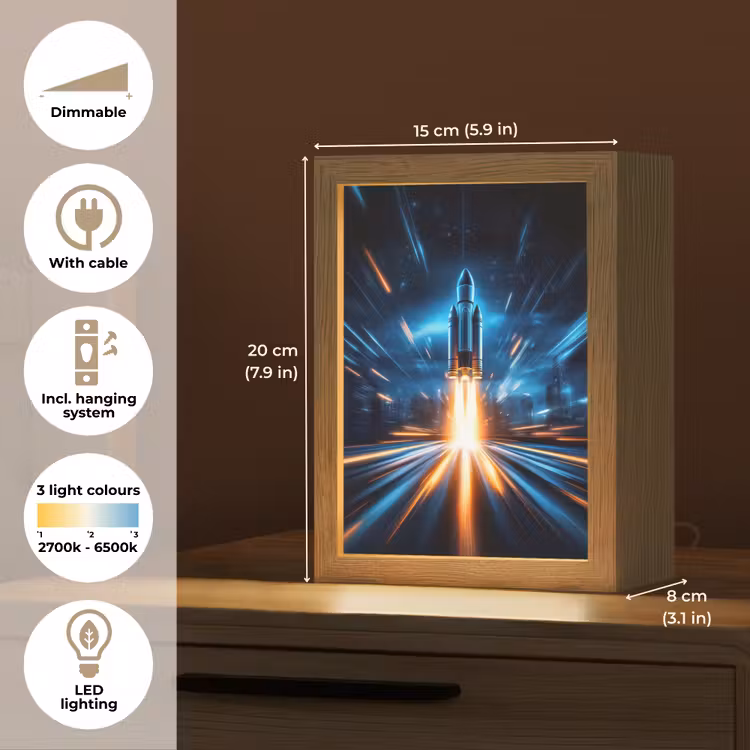 Raket - Ruimte - Blauw - Licht Light Box met kabel (Kinderlampje) klein -USP_EN