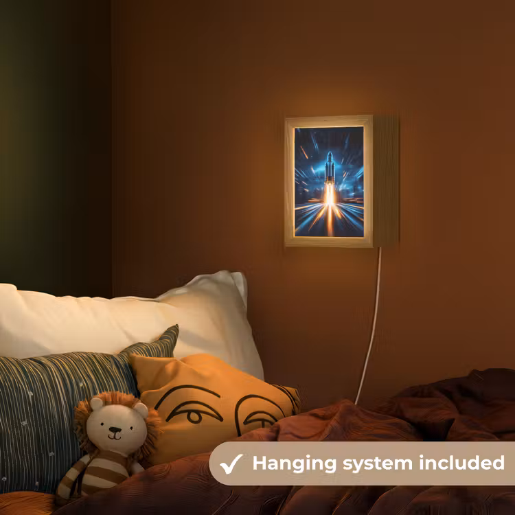 Raket - Ruimte - Blauw - Licht Light Box met kabel (Kinderlampje) klein -sfeer5_kind_EN