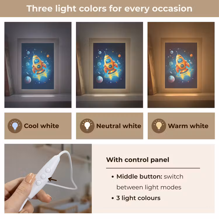 Raket - Ruimte - Planeten - Kinderen - Jongen Light Box met kabel (Kinderlampje) klein -USP_lichtkleurEN