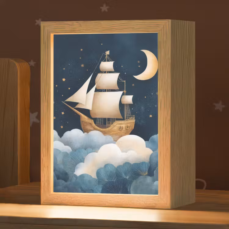 Zeilschip - Sterrenhemel - Wolken - Blauw Light Box met kabel klein -zzz_3d_website