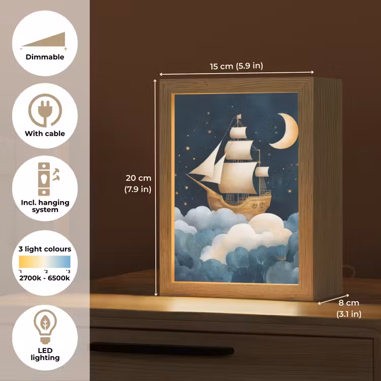 Zeilschip - Sterrenhemel - Wolken - Blauw Light Box met kabel (Kinderlampje) klein -USP_EN