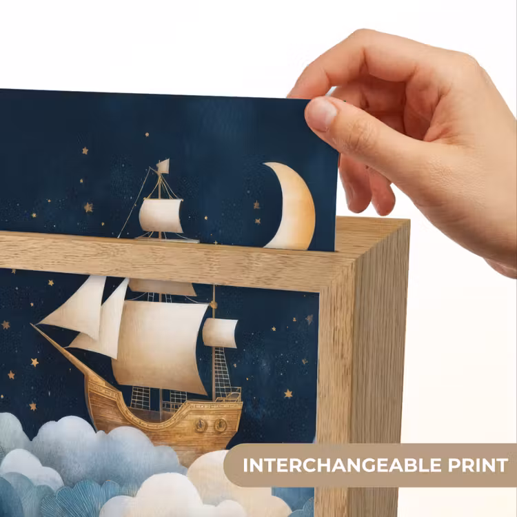 Zeilschip - Sterrenhemel - Wolken - Blauw Light Box met kabel (Kinderlampje) klein -USP_websiteprintEN