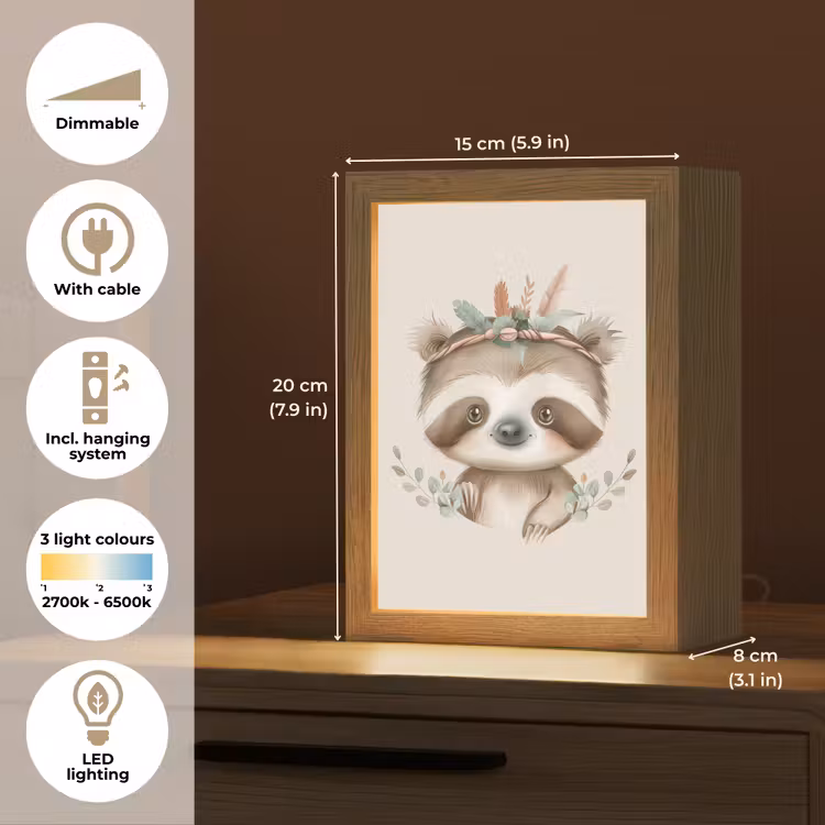 Luiaard - Dieren - Bohemian - Boho Light Box met kabel (Kinderlampje) klein -USP_EN