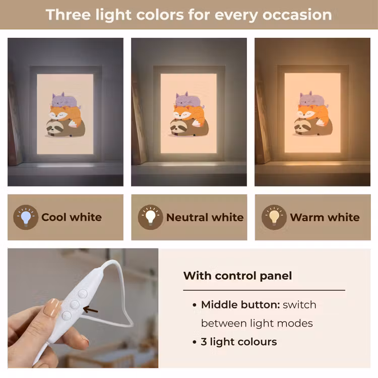 Luiaard - Vos - Kat - Slaperig Light Box met kabel (Kinderlampje) klein -USP_lichtkleurEN