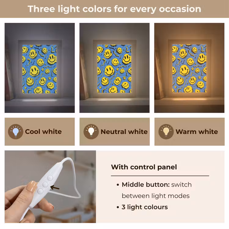 Smileys - Geel - Blauw Light Box met kabel (Kinderlampje) klein -USP_lichtkleurEN