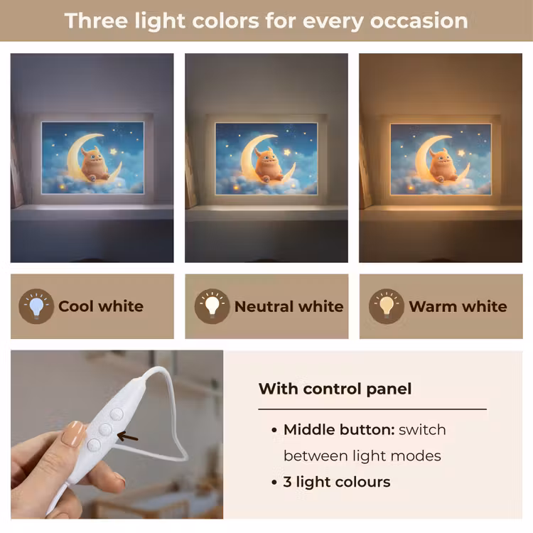 Knuffel - Monster - Maan - Wolken Light Box met kabel (Kinderlampje) klein -USP_lichtkleurEN