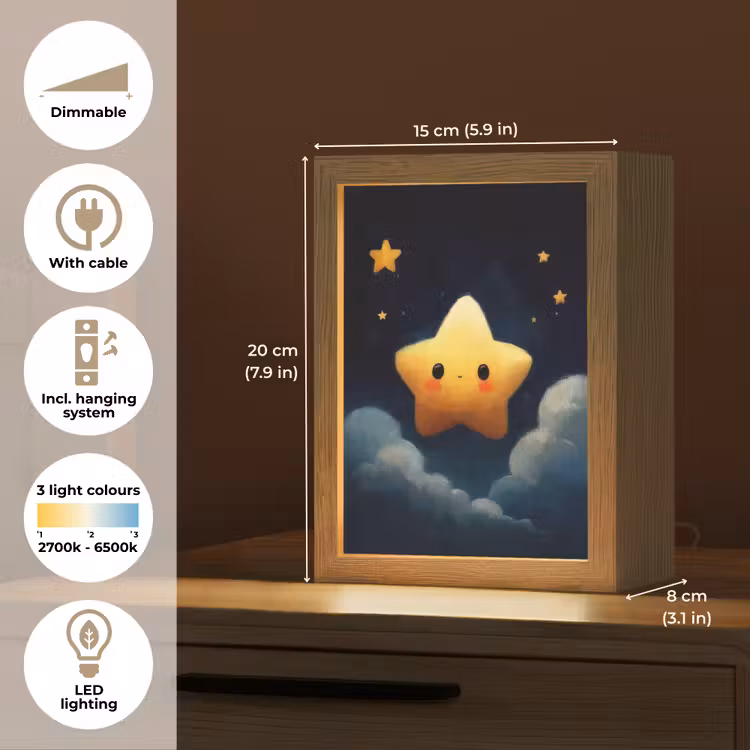 Ster - Gezichtje - Nacht - Wolken Light Box met kabel (Kinderlampje) klein -USP_EN