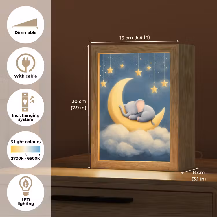 Sterren - Olifant - Maan - Wolken Light Box met kabel (Kinderlampje) klein -USP_EN