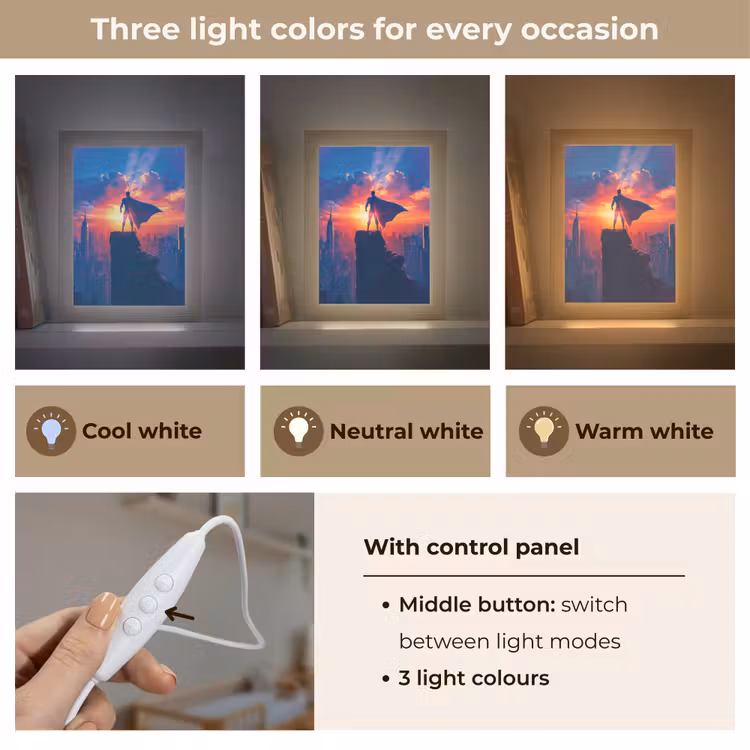 Superheld - Stad - Jongens - Kleurrijk - Zon Light Box met kabel (Kinderlampje) klein -USP_lichtkleurEN