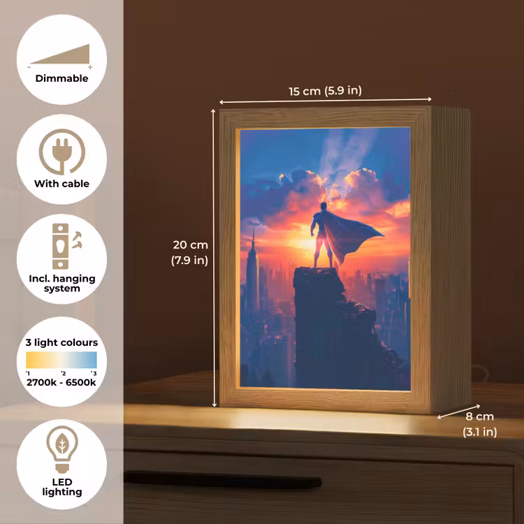 Superheld - Stad - Jongens - Kleurrijk - Zon Light Box met kabel (Kinderlampje) klein -USP_EN