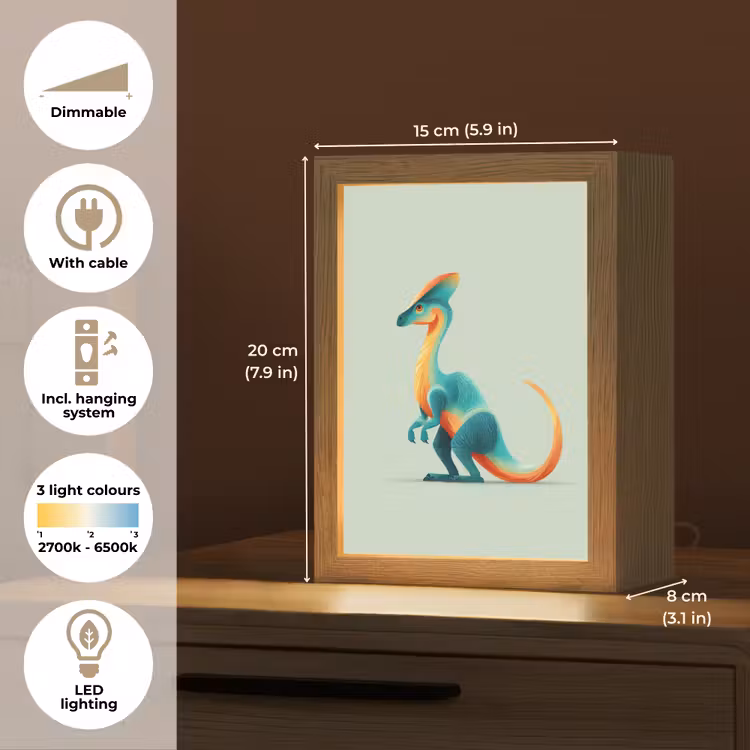 Staart - Dino - Minimalistisch - Blauw Light Box met kabel (Kinderlampje) klein -USP_EN
