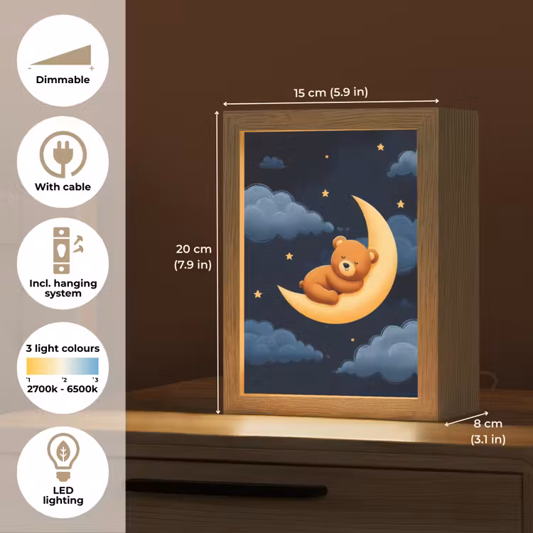 Teddybeer - Maan - Wolken - Sterren Light Box met kabel (Kinderlampje) klein -USP_EN
