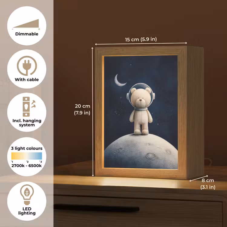 Teddybeer - Ruimtehelm - Maan - Sterren Light Box met kabel (Kinderlampje) klein -USP_EN