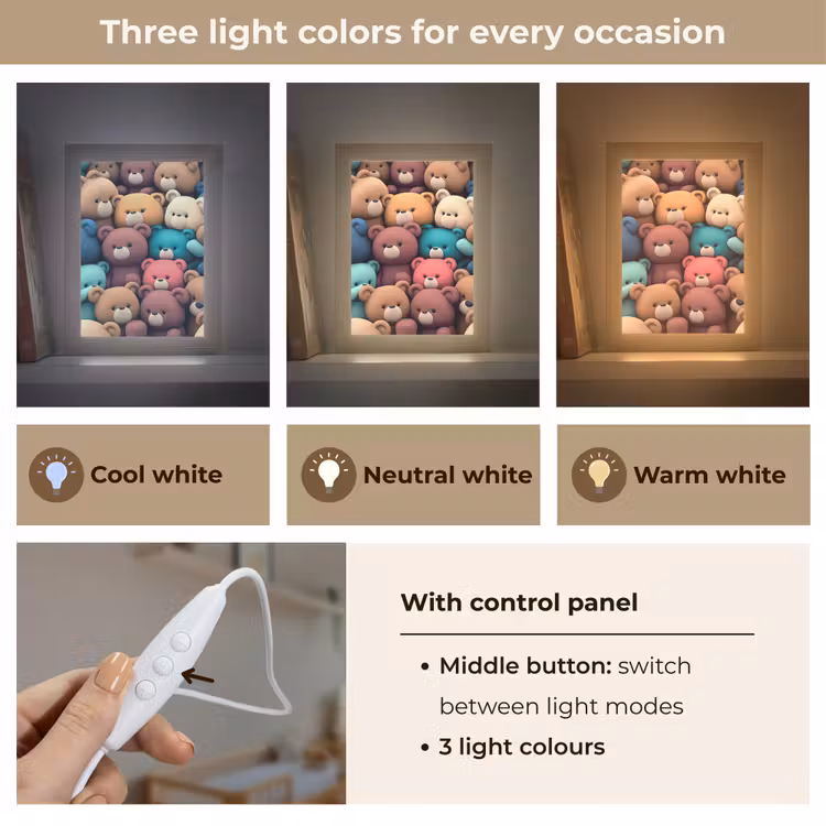 Knuffelbeer - Knuffel - Roze - Blauw - Bruin - Kind Light Box met kabel (Kinderlampje) klein -USP_lichtkleurEN