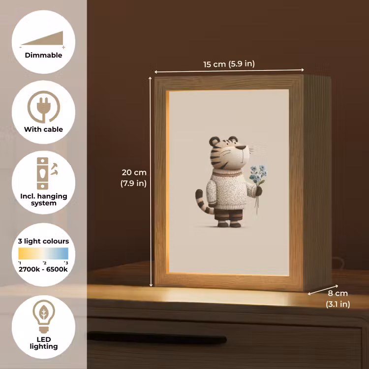 Tijger - Blauwe bloemen - Rustig Light Box met kabel (Kinderlampje) klein -USP_EN