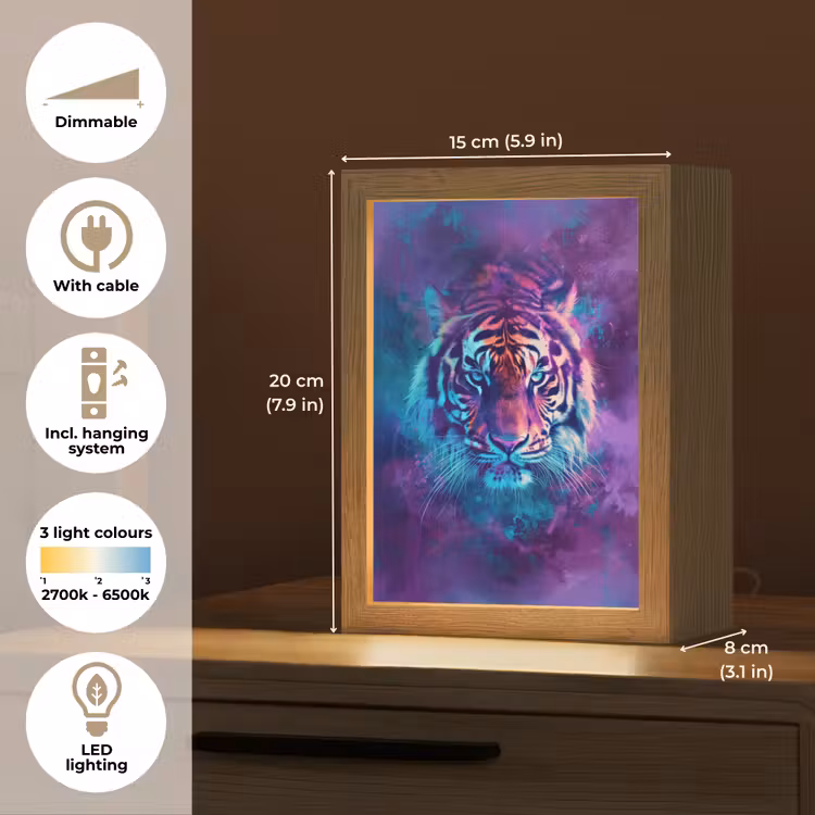 Tijger - Kleurrijk - Rook - Dieren Light Box met kabel (Kinderlampje) klein -USP_EN