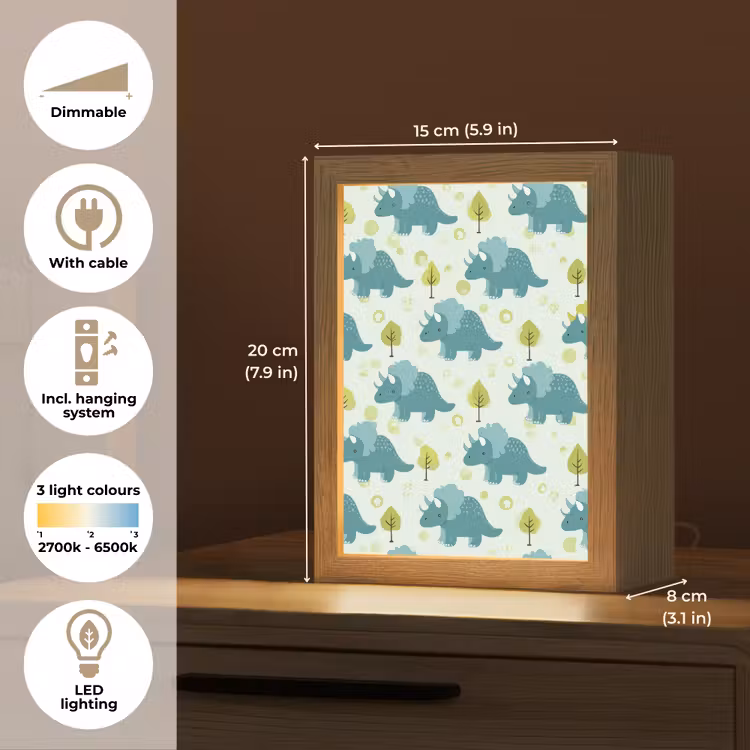 Triceratop - Blauw - Stippen - Boompjes Light Box met kabel (Kinderlampje) klein -USP_EN