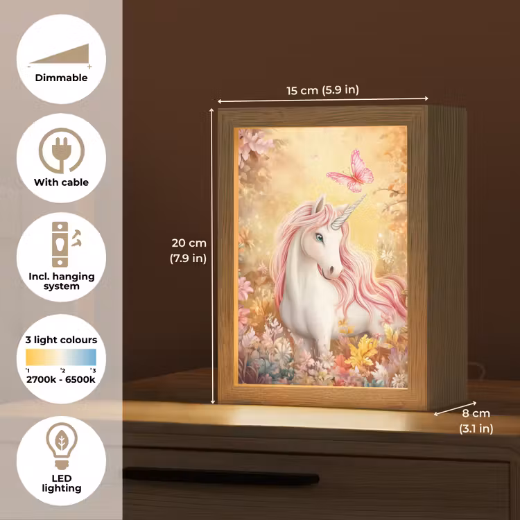 Eenhoorn - Bloemen - Vlinder - Roze Light Box met kabel (Kinderlampje) klein -USP_EN