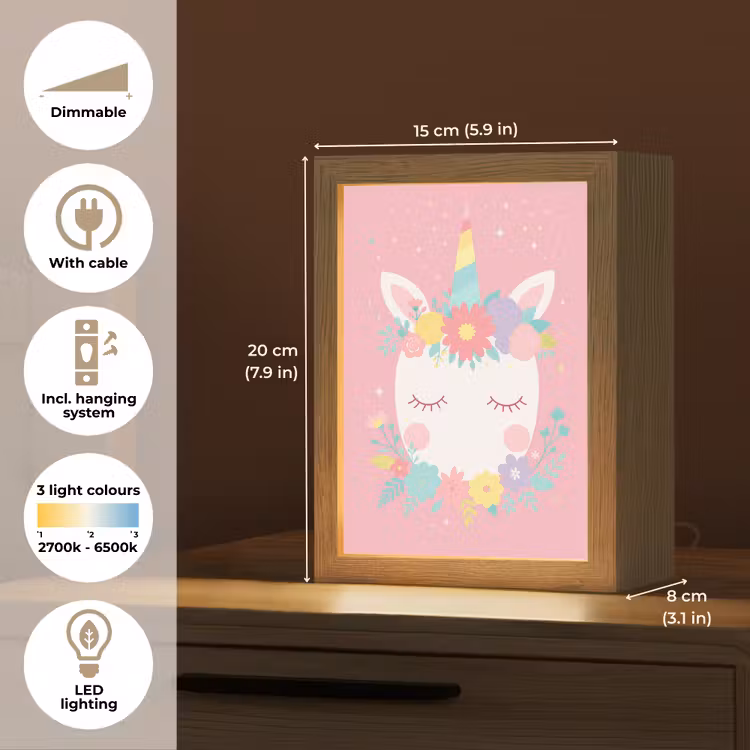 Eenhoorn - Bloemen - Roze Light Box met kabel (Kinderlampje) klein -USP_EN