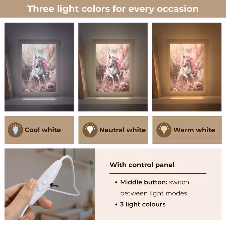 Eenhoorn - Meisje - Roze - Bloemen - Sprookje Light Box met kabel (Kinderlampje) klein -USP_lichtkleurEN