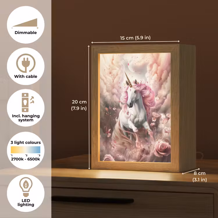 Eenhoorn - Meisje - Roze - Bloemen - Sprookje Light Box met kabel (Kinderlampje) klein -USP_EN