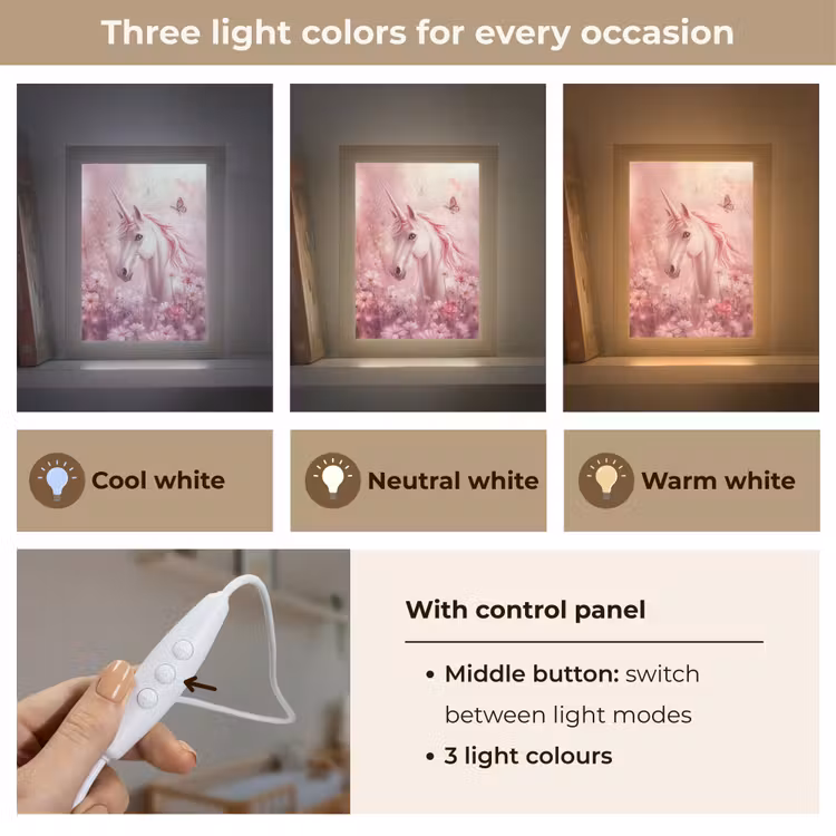 Eenhoorn - Roze - Vlinders - Bloemen Light Box met kabel (Kinderlampje) klein -USP_lichtkleurEN