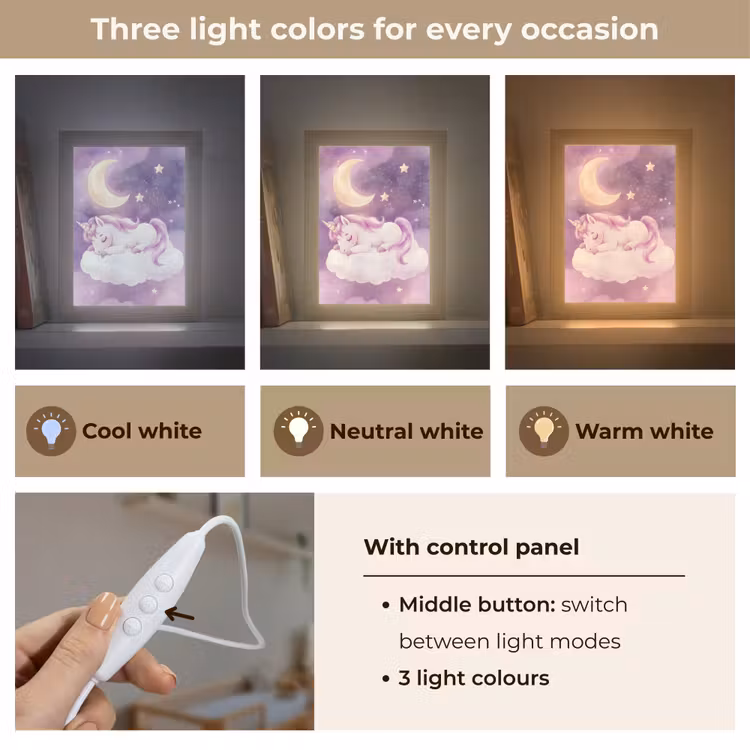 Eenhoorn - Paars - Sterrenhemel - Maan Light Box met kabel (Kinderlampje) klein -USP_lichtkleurEN