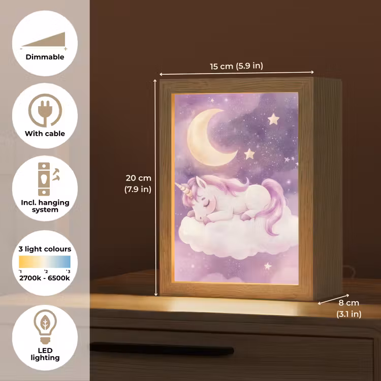 Eenhoorn - Paars - Sterrenhemel - Maan Light Box met kabel (Kinderlampje) klein -USP_EN