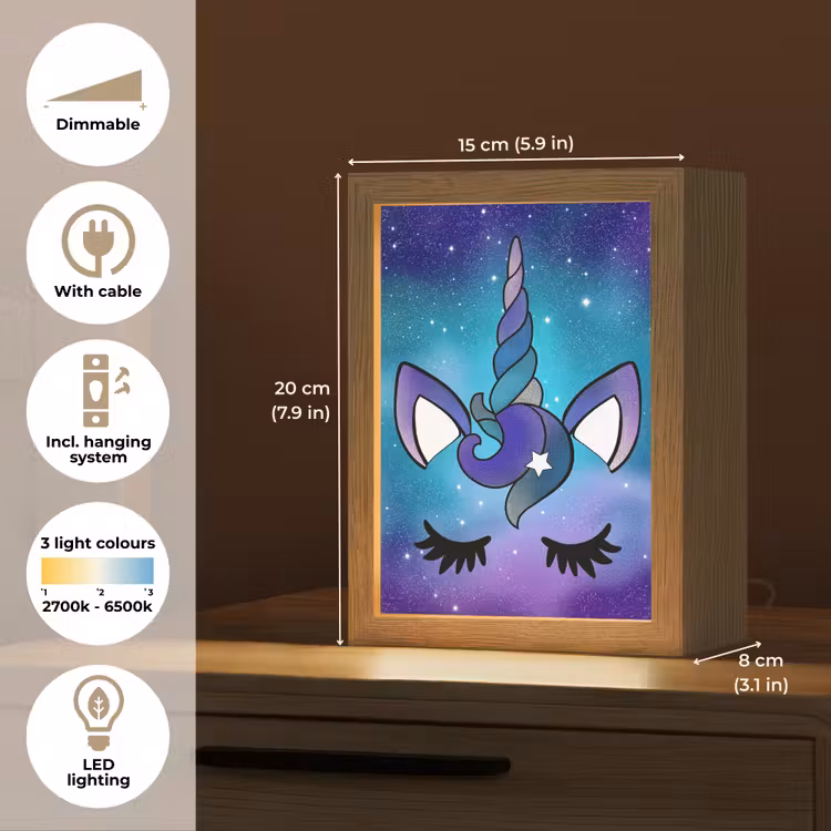 Eenhoorn - Sterrenhemel - Ster - Blauw Light Box met kabel (Kinderlampje) klein -USP_EN