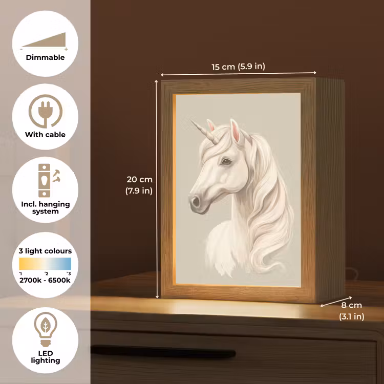 Eenhoorn - Wit - Getekend Light Box met kabel (Kinderlampje) klein -USP_EN