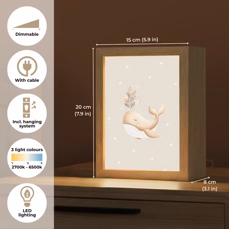 Walvis - Minimalistisch - Bloemen - Stippen Light Box met kabel (Kinderlampje) klein -USP_EN