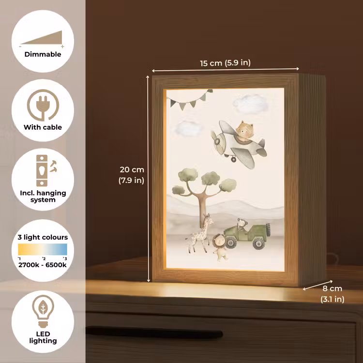 Wilde dieren - Safari - Pastel kleuren - Watercolor - Vliegtuig Light Box met kabel (Kinderlampje) klein -USP_EN